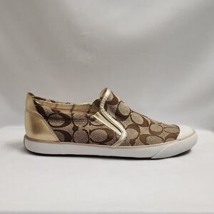 Coach Beale Signature Mongram Canvas Metallic Leather Slip-on Shoes (W Size 8.5)